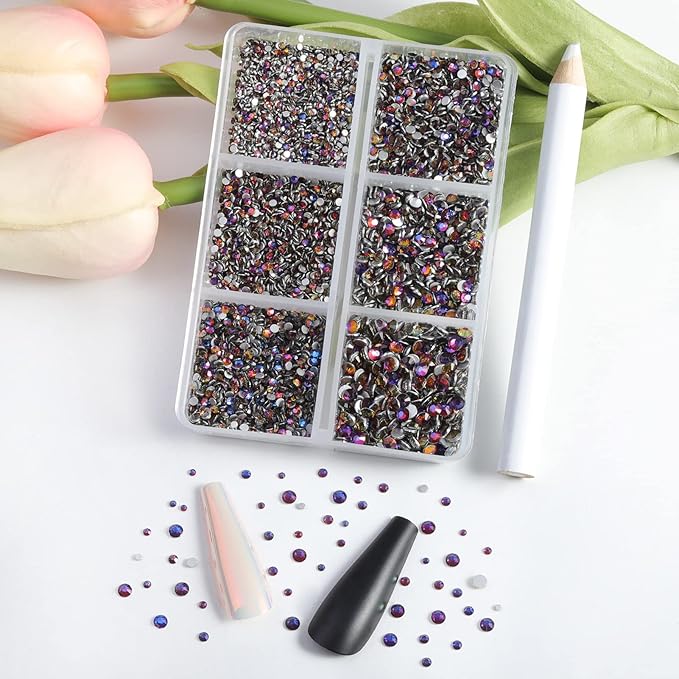 Beadsland 7200pcs Flatback Rhinestones,Blue Rhinestone Nail Gems Round Crystal Rhinestones for Crafts,Mixed 6 Sizes with Wax Pencil Kit, SS3-SS10,Blue Volcano