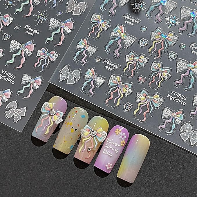 5D Bow Nail Stickers for Nail Art Colorful Lace Ribbon Bow Nail Decals Embossed Valentines Nail Art Stickers Self Adhesive Cute Star Heart Nail Decorations Supplies for Women Wedding Manicure 1Sheets