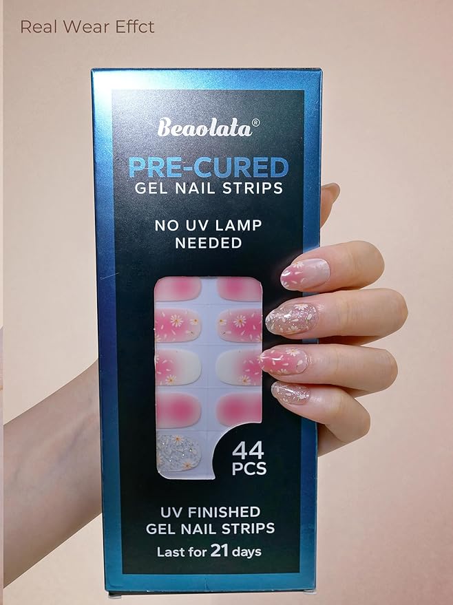 Pre Cured Gel Nail Strips - 44PCS Salon Quality Gel Nail Stickers - Long Lasting Polish Wraps for Women no UV Light Needed Easy Apply & Remove (PetalPink)