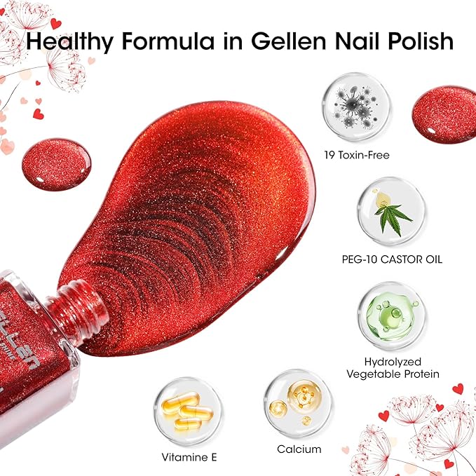 GELLEN Quick Dry Cat Eye Nail Polish Kit, Red Magnetic Fingernail Polish Series, Fast Drying Glitter Nail Lacquer Non Gel with Magnet Tool, DIY Salon Home