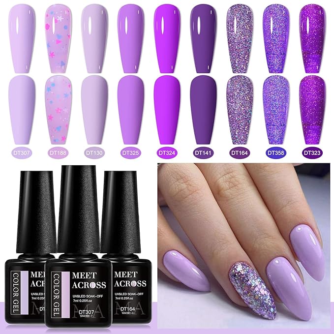 MEET ACROSS 9 Colors Gel Nail Polish + 3PCS Function Gel Nail Polish Kit,Fashion Nail Art Set Design Gifts for Women Manicure Salon (SET2, 12pcs)