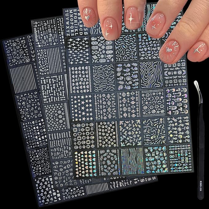 90 Sheets Silver Nail Art Stickers Holographic Laser Silver Nail Decals 3D Self Adhesive Nail Stickers for Nail Art Designs Star Line Flower Nails Supplies for Women Nail Decoration with Nail Tweezer