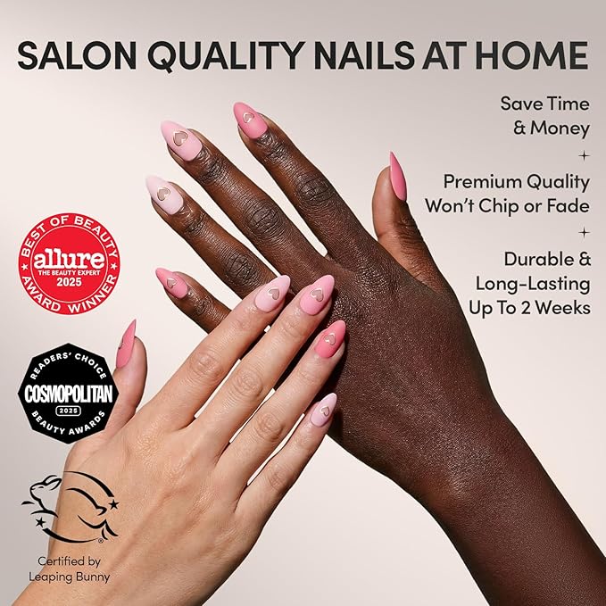 Valentines Day Glamnetic Press On Nails - Matte in Love | Short Almond Fake Nails in Mixed Pink Tones, Metallic Gold Heart in Matte Finish | 15 Sizes - 30 Nail Kit with Glue