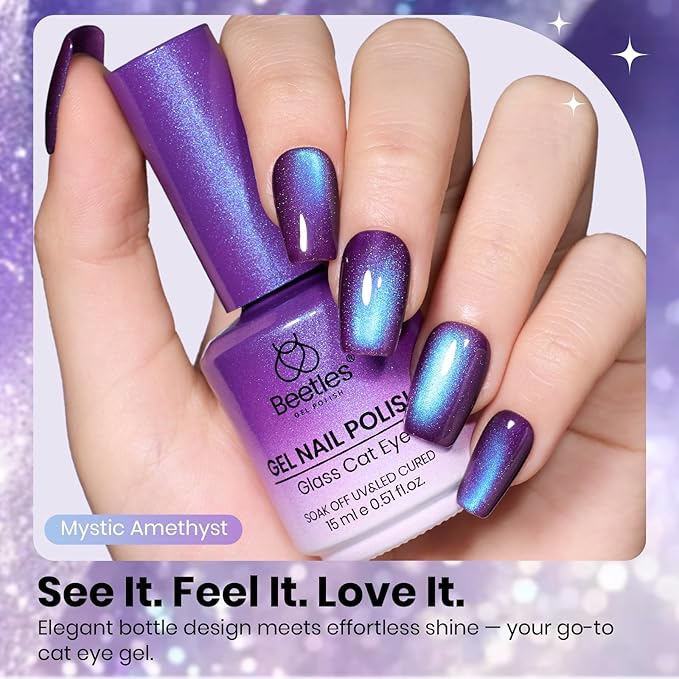 Beetles Mystic Amethyst Purple Cat Eye Gel Nail Polish - 15ML Purple Cat Eye Glitter Spring Gel Polish Magnetic Translucent Glassy Effect Soak Off UV Nail Art DIY Manicure Valentines Gift for Women