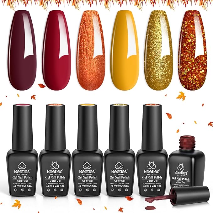 beetles Gel Polish Set Gel Nail Polish 6 Colors Burgundy Brown Yellow Glitter Orange Gold Nail Polish UV LED Nail Lamp Home DIY Manicure Nail Art Gift for Women Golden Blessing