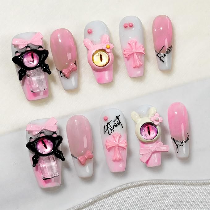 Sun&Beam Nails Handmade Press-on Medium Long Coffin Ballerina Pink Y2K 3D Summer Design Fashion False Nail Tips 10 Pcs Set (#271 L)