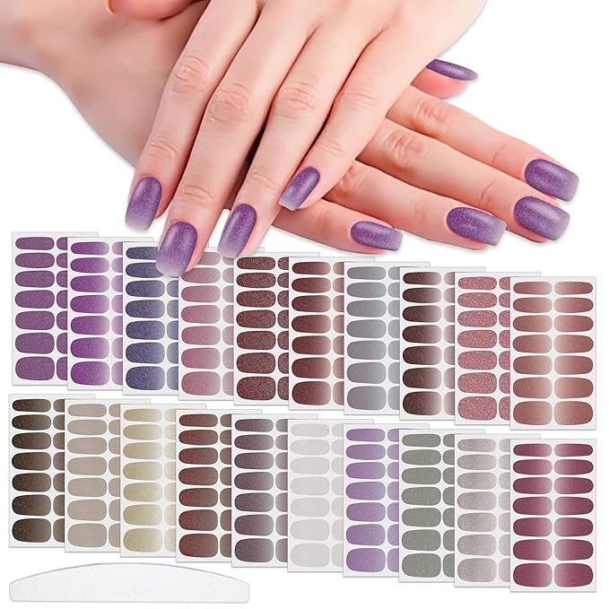 WOKOTO 20 Sheets Soilid Glitter Full Nail Stickers for Women Nails Polish Strips Gel Wraps Strips Sticker for Girls, Solid Pink Purple Cute Glitter Nail Polish Stickers Gel Strips