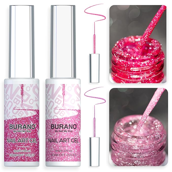 BURANO Gel Nail Polish Liner Nail Art Polish, Silver Gold Painted Gel Nail Design Polish 2 Bottle 8ml, Build in Thin Nail Brush Curing Required LX15 LX28