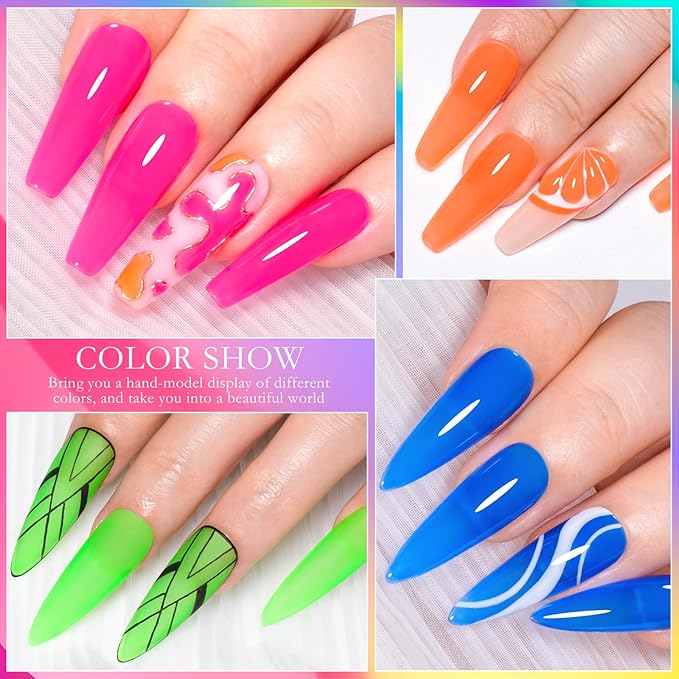 MTSSII Jelly Gel Nail Polish Translucent Neon Nail Polish Hot Pink Blue Purple Rainbow Neon Yellow Green Orange Gel Polish See Through Nail Trend Soak Off UV LED Nail Art Manicure Kit