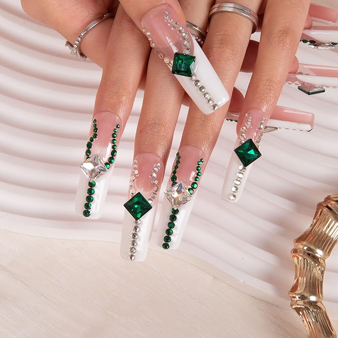 LOVFUL Press on Nails Crystals Magic| Handmade with Full Covered Crystals| Reusable Fake Nails| Square Mid length 1.7in| H43-S