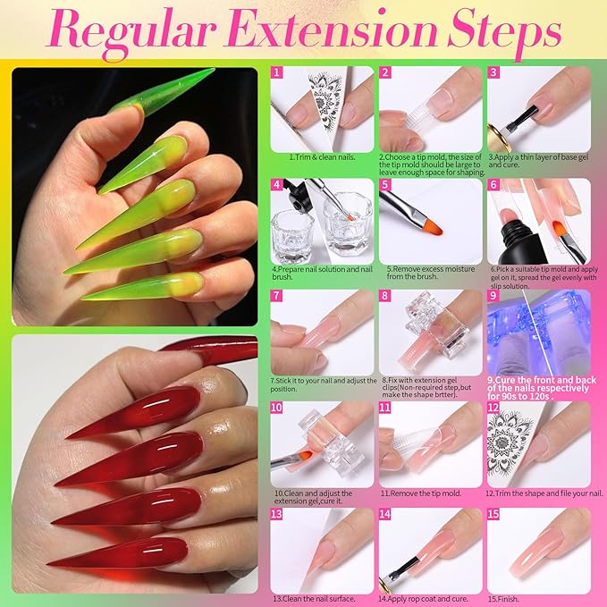 BORN PRETTY Neon Extension Nail Gel Kit-6 Colors Gel Kit Neon Pink Blue All-In-1 with Nail Lamp Base Top Coat Set Nail Forms French Manicure Set