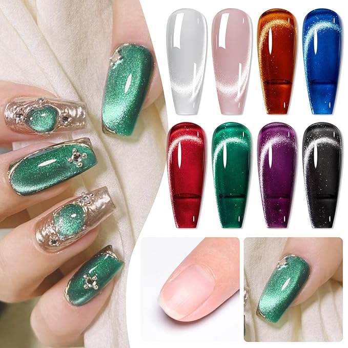 MEET ACROSS 8 Colors Magnetic Gel Nail Polish Kit With Magnetic Stick, All Season Colors Cat Eye Gel Polish, Long-Lasting Cat Eye Nail Gel for Salon Home Nail Art Manicure