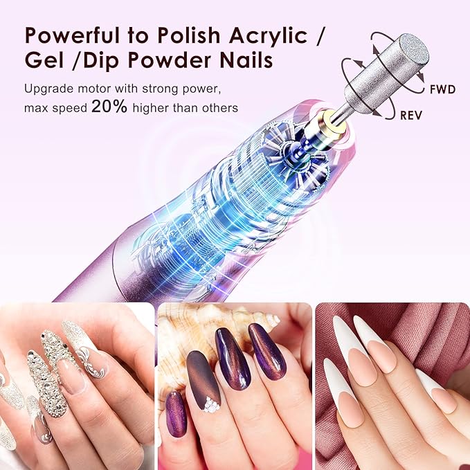 COSLUS C20 Cordless Nail Drill Electric File: Professional for Acrylic Gel Dip Powder Nails Portable Nail Drill Machine Kit for Manicure Pedicure Nail Set with Everything Rechargeable Lightweight