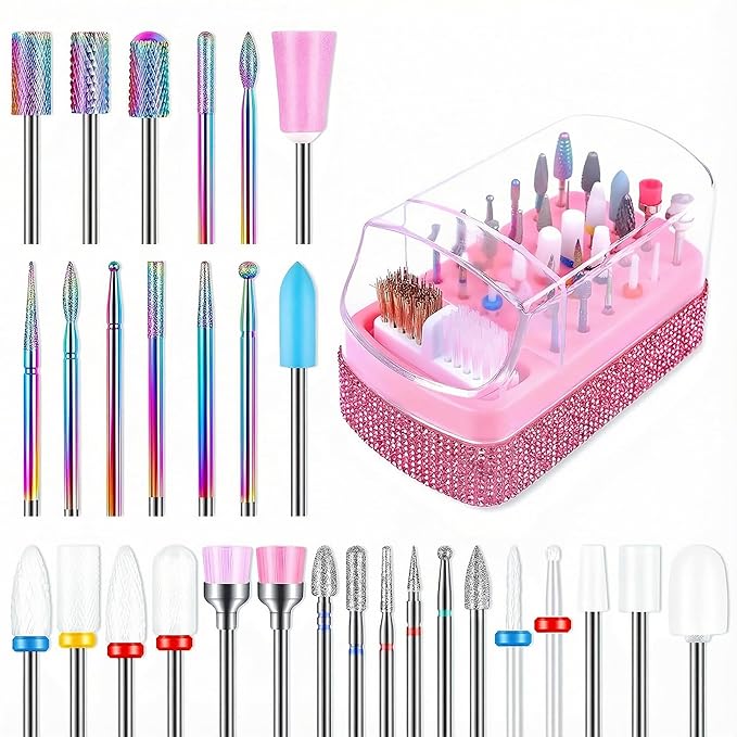 30PCS Nail Drill Bits Set with Holder Case, 3/32 Inch Tungsten Carbide Ceramic Diamond Efile Nail Bits Tool & Organizer for Acrylic Gel Dip Powder Cuticle Removal Polish, Nail Tech Manicure Pedicure
