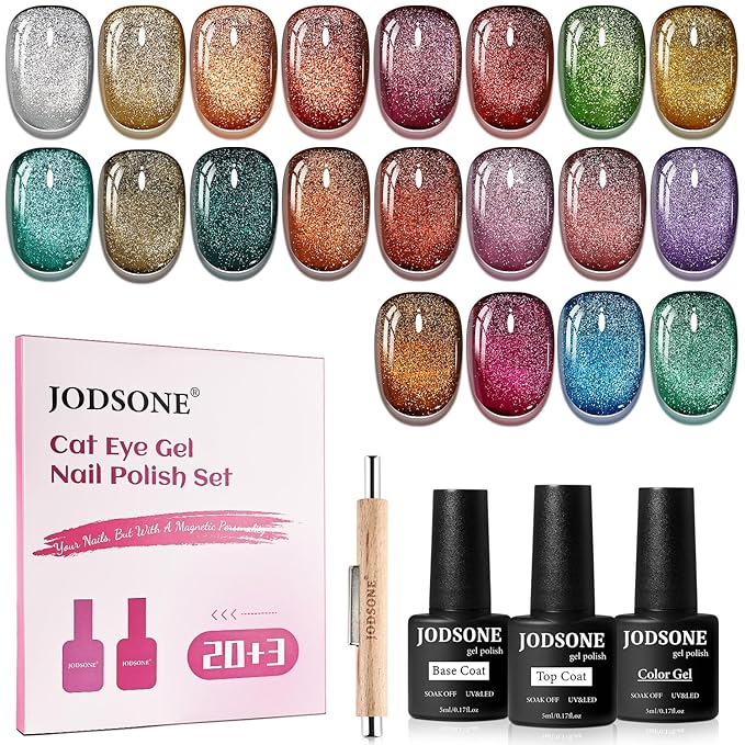 JODSONE 23 PCS Cat Eye Gel Nail Polish Set with Base Coat and Top Coat 3-IN-1 magnetic Design DIY at Home for Women Nail Art all Seasons