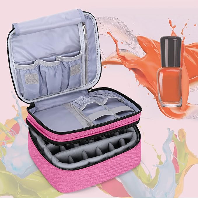 LUXJA Nail Polish Carrying Case - Holds 30 Bottles (15ml - 0.5 fl.oz), Double-layer Organizer for Nail Polish and Manicure Set, Pink (Bag Only)
