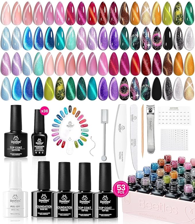 Beetles Stellar Sonata Cat Eye Gel Nail Polish Set - 36 Colors Christmas Gel Nail Kit Magnetic Red Green Purple Brown Burgundy Base Glossy Matte Top Coat Soak off UV Salon Nail Art Gift for Women
