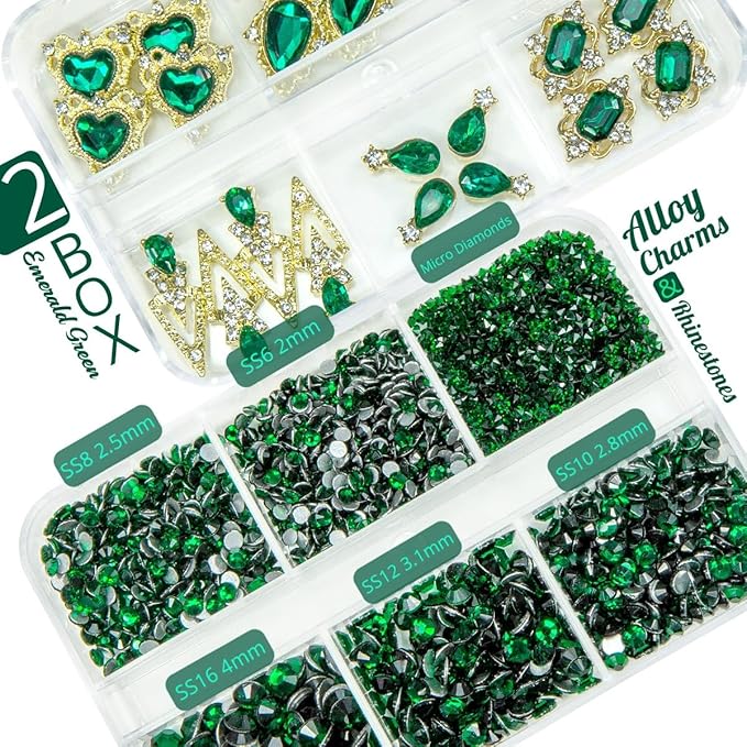 24pcs Green Luxury Nail Charms + 2000pcs Emerald Green Rhinestones 3D Big Gems Glass Crystals Diamonds Jewelry Stones Alloy Art Studs Decor Supplies Heart Charms for Arylic Nails Crafts