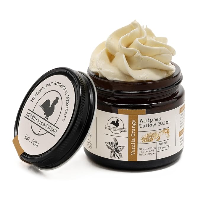 Hearth and Homestead: Handmade Whipped Tallow Balm (Vanilla Orange) - Organic Body Butter with Infused Olive Oil, for Eczema, Rosacea, Baby - 1.3 oz