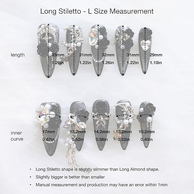 Luxury Long Stiletto Press-On Nails, 3D Black Roses with Silver Glitter, Pearl and Rhinestone Decorations, Handmade False Nail 10 Pieces (Large, LS)