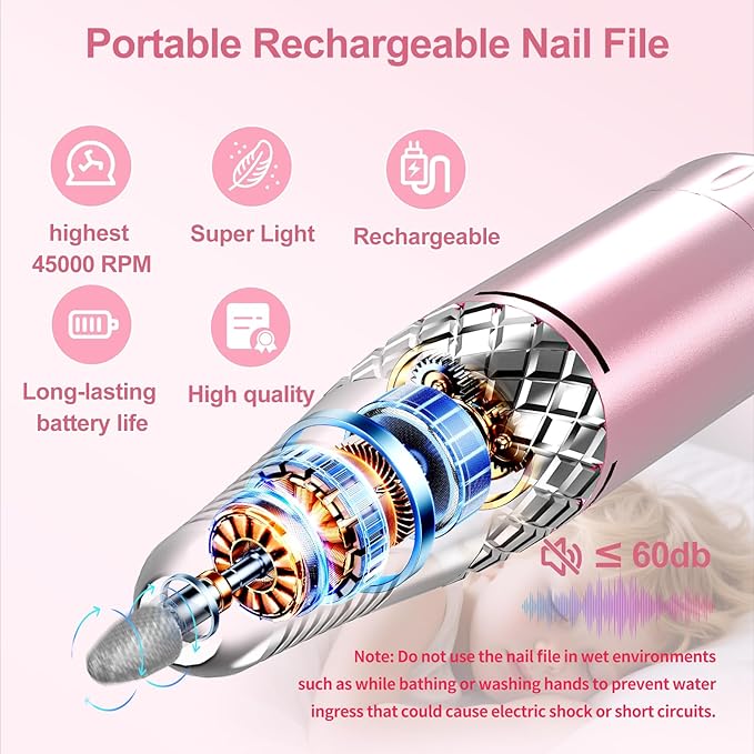 Electric Nail Drill Machine Professional, Cordless Rechargeable Nail Drill Kit Low Heat Quiet E-File for Acrylic Gel Polishing Removing with Bits Kit for Manicure Salon Home (Pink)