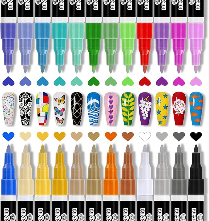 IJIANG Nail Art Pens Set 24 Colors with 0.7mm Fine Tips, Nail Art Markers for 3D Nail Art, Diy Nail Art Tools, Dotting Drawing Painting Point Home Salon, Acrylic Paint Non-Toxic Quick-Drying