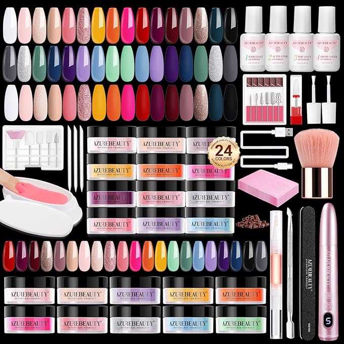 AZUREBEAUTY Dip Powder Nail Kit with Electric Nail Drill 24 Colors Nude Pink Glitter Red Green Nail Powder Starter Kit with Dip Liquid Set Base Top Coat Activator Portable Manicure Essential Set