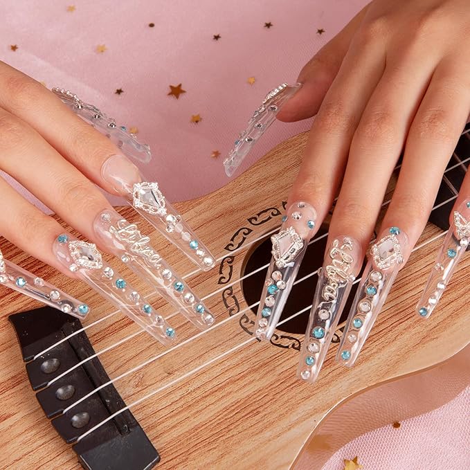 LOVFUL Press on Nails Libra | Handmade with Full Covered Crystals | Reusable Fake Nails | Coffin Long 2.2 in | H196-S