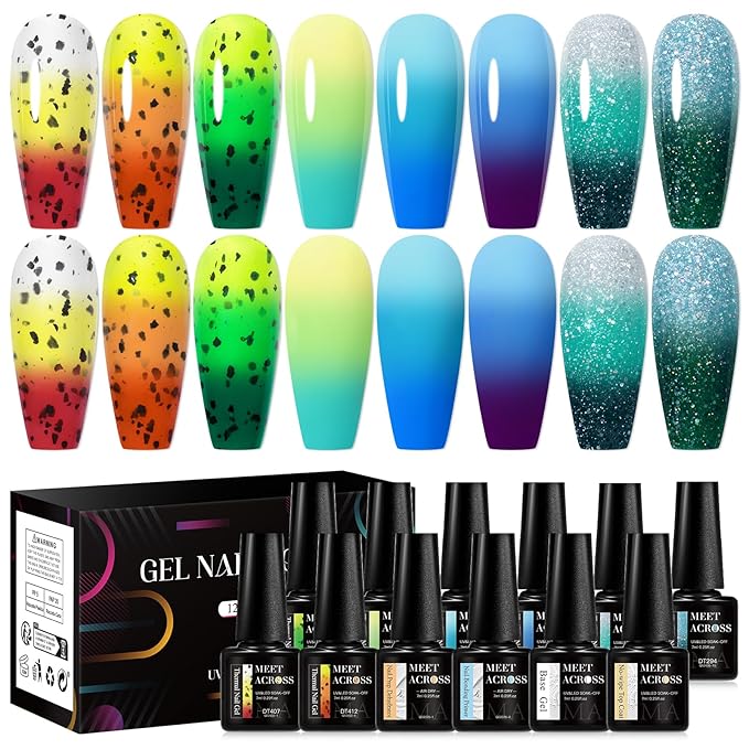 MEET ACROSS 12PCS Color Changing Gel Nail Polish Set Blue Green Mood Temperature Change Nail Polish Eggshell Gel Polish Set Nail Art Design 8 Colors