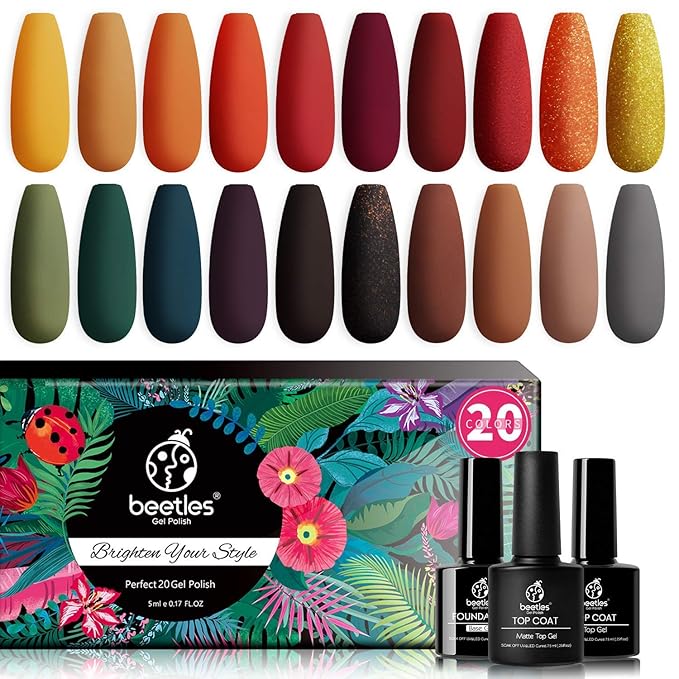 Beetles 20 Pcs Gel Polish Kit - Cozy Campfire Collection Fall Winter Orange Yellow Green Soak Off Lamp Base Top Coat Nail Art Brushes Set Design Pen