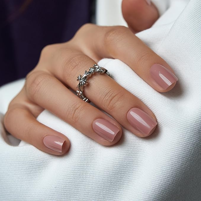 CurvLife Press On Nails Short Square Nude Pink, Glossy Soft Gel Fake Nails, Reusable Salon Look Manicure for Women Teens Beginners, 30pcs, Daily Wear Work Party, Date Night Romantic