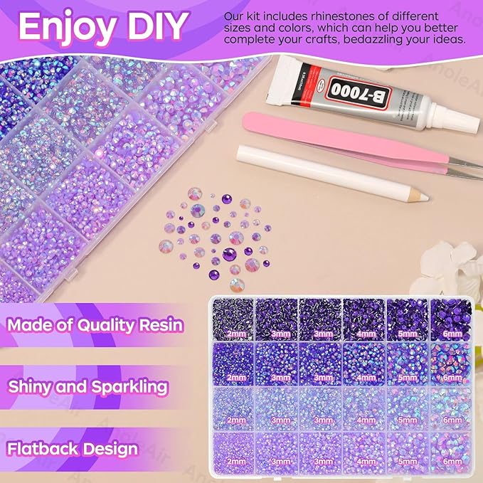 26000PCS Purple Resin Flatback Rhinestones for Crafting, Resin Rhinestones for Bedazzling Kit, 2/3/4/5/6mm Flatback Gems Jewels for DIY Mugs Tumblers Clothing Shoes Nail Art
