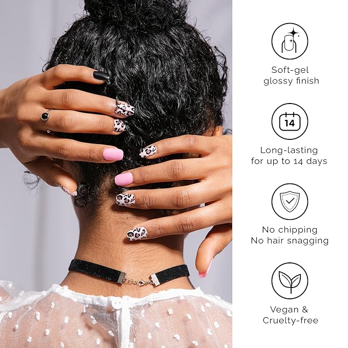 NAILOG Semi Cured Gel Nail Strips (20 Extra Long Polish Stickers/Wraps) │ Glossy & Long Lasting Soft Gel Finishing │Pink Leopard