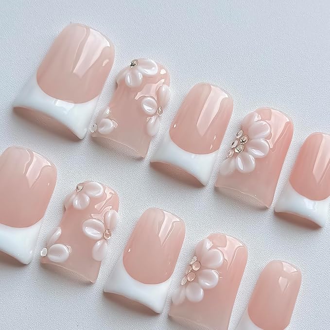 Luxury Press on Nails Short Duck Handmade 3D Unique Reusable ABS Material Fake Nails White French Tip False Nails with Designs Rhinestones Floral Glossy Glue on Nail Thick Acrylic Nail(M)
