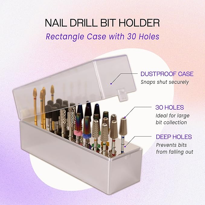 PANA Rectangle Nail Drill Bit Holder Display Organizer Case - Dustproof Carbide Bit Storage Container Box For Manicure Tools Nail Salon - 30 Holes Silver (Drill Bits Not Included)