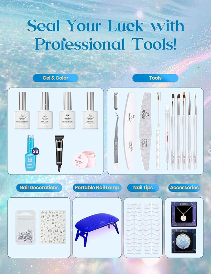 Beetles Moonlit Sanctuary Lucky Box, Cancer Zodiac Gel Nail Polish Kit Blue White Pearl Sliver Glitter Colors, All-in-One Nail Art Set with Tools, Necklace Badge, Salon DIY Zodiac Gift for Women