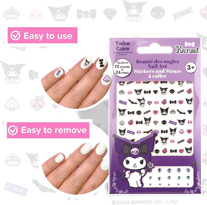Kuromi Nail Stickers – 1 Sheet with 72 Stickers + 24 Rhinestones – Self-Adhesive Nail Art for Girls – Fun Activity & Gift Idea for Birthdays, Crafts, Party Bags and Playdates