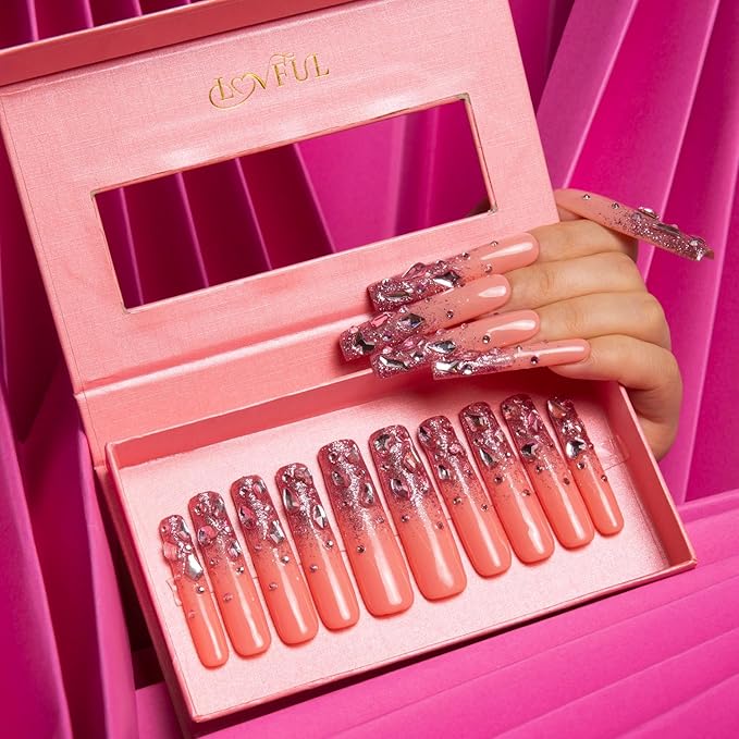 LOVFUL Press on Nails Pink Glitter | Handmade with Full Covered Crystals | Reusable Fake Nails | Square Long 2.2 in | H60-S