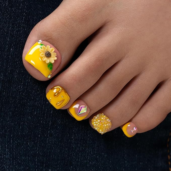 LOVFUL Press on Toenails Honey Bee Yellow | 20 PCS Free Size Toe Nails | Reusable Fake Nails for Toe | T101