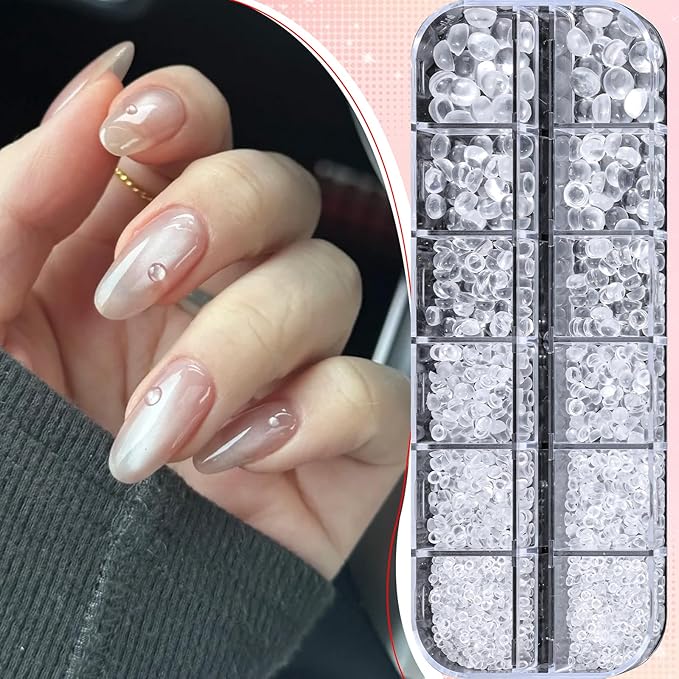 1600Pcs 3D Mixed Sizes Bubble Beads Nail Charms Jewelry, 2-6mm 3D Semi-Circular Dewdrop Water Droplets Bubble Balls Flatback Rhinestones Jewels Gems with Pickup Tools for Nails DIY Crafts(15-K1-beads)