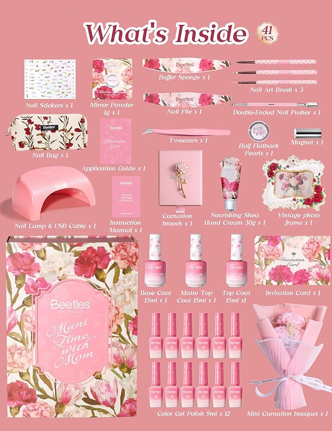 Beetles Mani Time with Mom Mother’s Day Gift Box, 12 Gel Nail Polish Colors with Nail Lamp, HEMA Free & TPO Free Complete Manicure Kit, Shea Butter Hand Cream, Premium Keepsake Gift Box for Mom