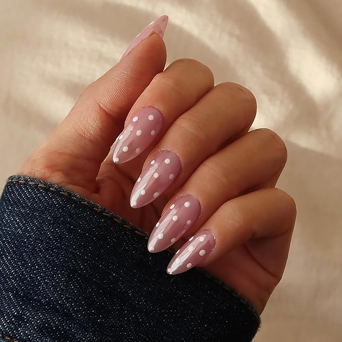 Pearlescent Press on Nails Medium, Glazed Pink Mauve with Polka Dots Fake Nails Almond Chrome Acrylic Press Ons for Women, Natural Fit Full Cover Glue on Nails in 12 Sizes - 24 Pieces Nail Kit