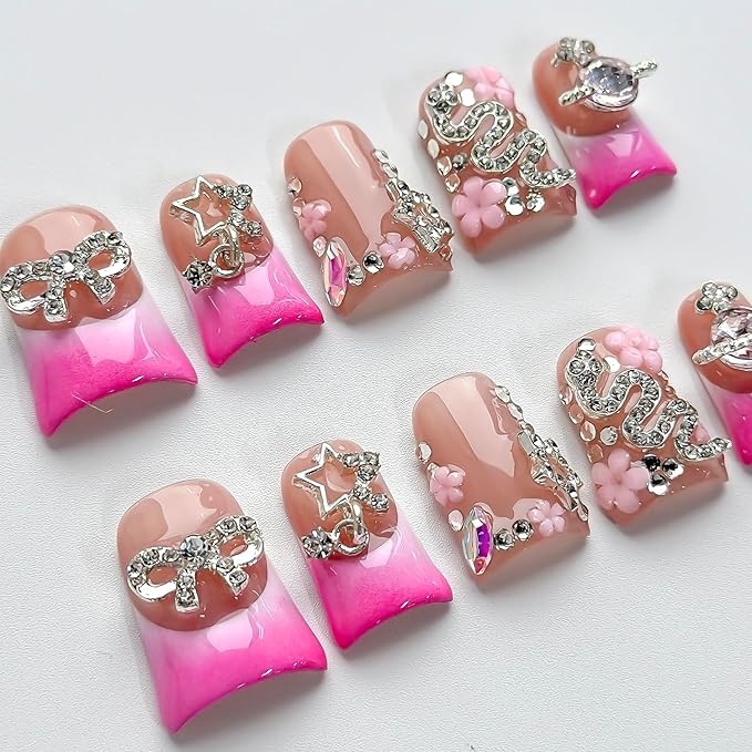 Luxury Press on Nails Short Duck Handmade 3D Unique Reusable ABS Material Fake Nails Pink French Tip False Nails with Designs Flower Bow Stars Rhinestones Glossy Glue on Nail Thick Acrylic Nail(S)