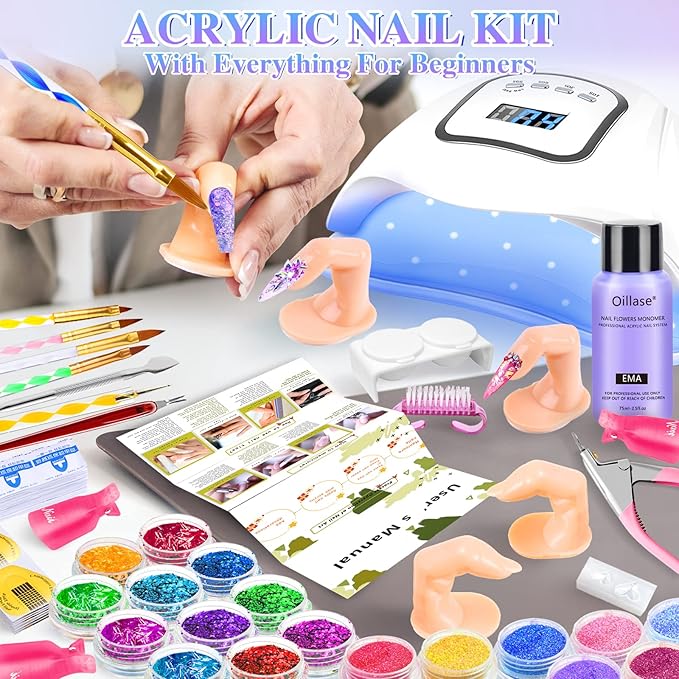 Acrylic Nail Kit Set Professional Acrylic with Everything, 120w LED UV Nail Lamp for Builder Gel, 52 Colors Glitter Acrylic Powder and Monomer Acrylic Nail Liquid for Beginners with Acrylic Brushes