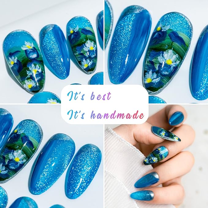 Sun&Beam Nails Handmade Medium Long Almond Blue False Nail Tips with Cute 3D Flower Popular Charm Design Press On Nails 10 Pcs (#027 S)
