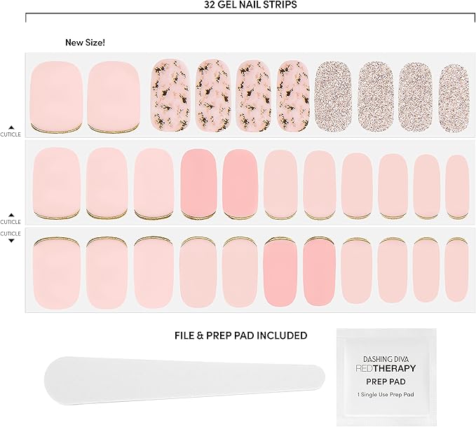 Dashing Diva Gloss Nail Strips - Feeling Flush | UV Free, Chip Resistant, Long Lasting Gel Stickers | 32 Wraps, 1 Prep Pad, 1 File