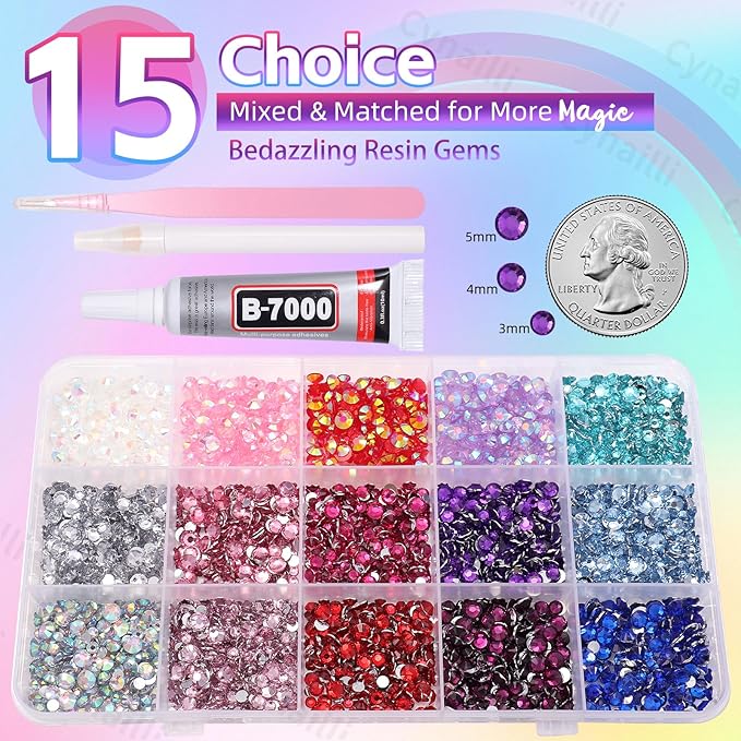 15 Grids Resin Rhinestones for Crafting, Pink White Blue Purple Red Colors Bedazzling Gems Kit, Jelly Resin Rhinestones for Nails Face Eyes Makeup Crafts Tumblers Bottles