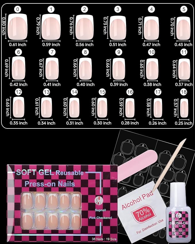 Press on Nails,French tip Short Square, 19 Sizes, 38 Pieces,Fake Nails with Brush-on Glue & Adhesive Tabs (Pink French Tip)