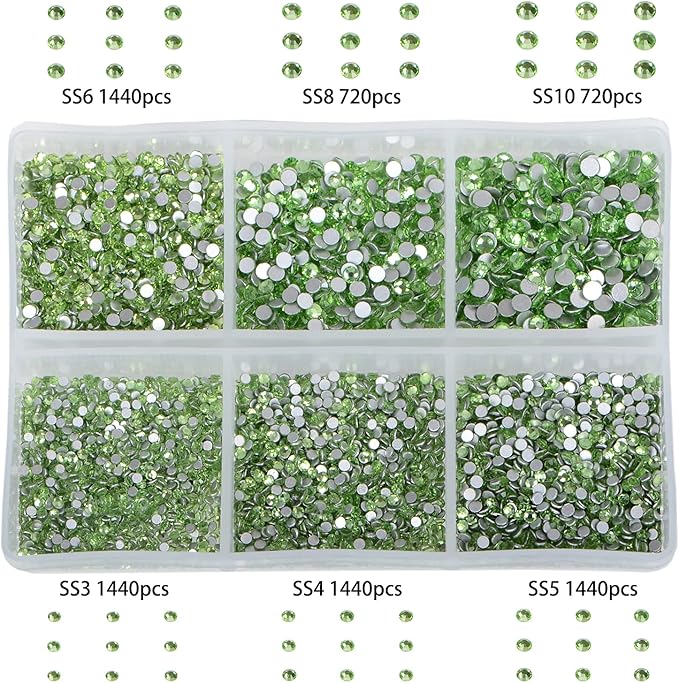 Bymitel 7200 Pieces 6 Mixed Sizes Glue Fix on Glass Rhinestones Round Crystal Gems Flatback for DIY Jewelry Making with one Picking Pen(6-Sizes 7200PCS, Peridot)