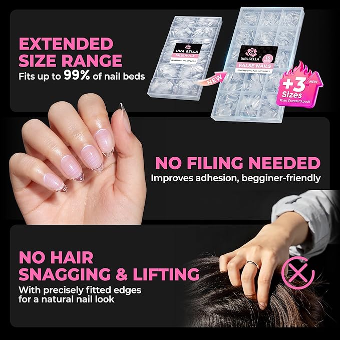 UNA GELLA Short Almond Nail Tips, 510Pcs 15 Sizes Pre-Etched Soft Gel Nail Tips Almond Shape Half Matte Full Cover Clear Fake Nails Extensions for DIY & Salon Manicure Soak Off